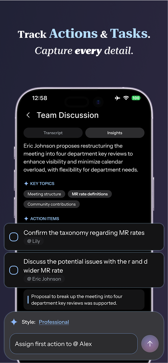 Attesta insights — summary, key topics, action items with assignees, and decisions from a meeting.