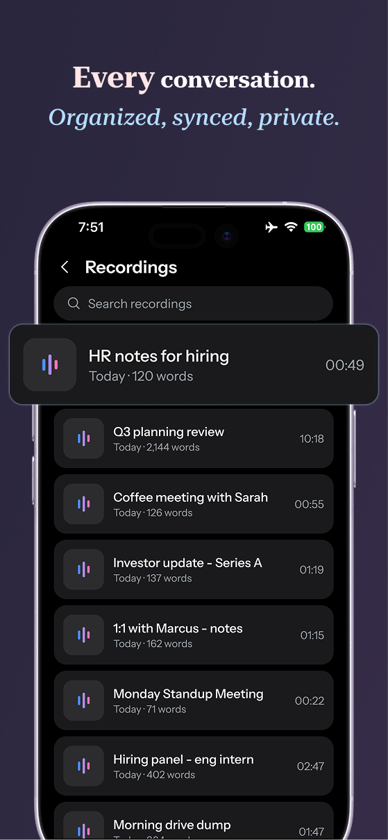 Attesta recordings library — every conversation organized, searchable, and synced across devices.