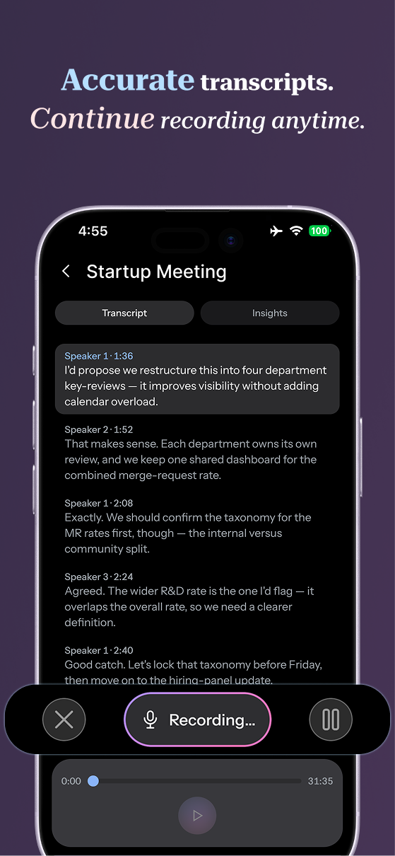 Attesta transcript — accurate, speaker-labeled, continue recording anytime.